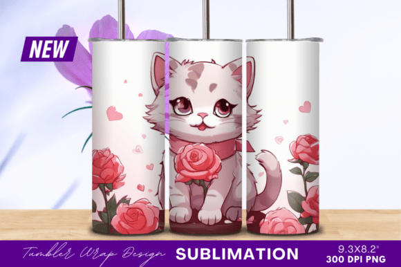 Download Cute Cat with Roses Illustration Tumbler - Cute Collection